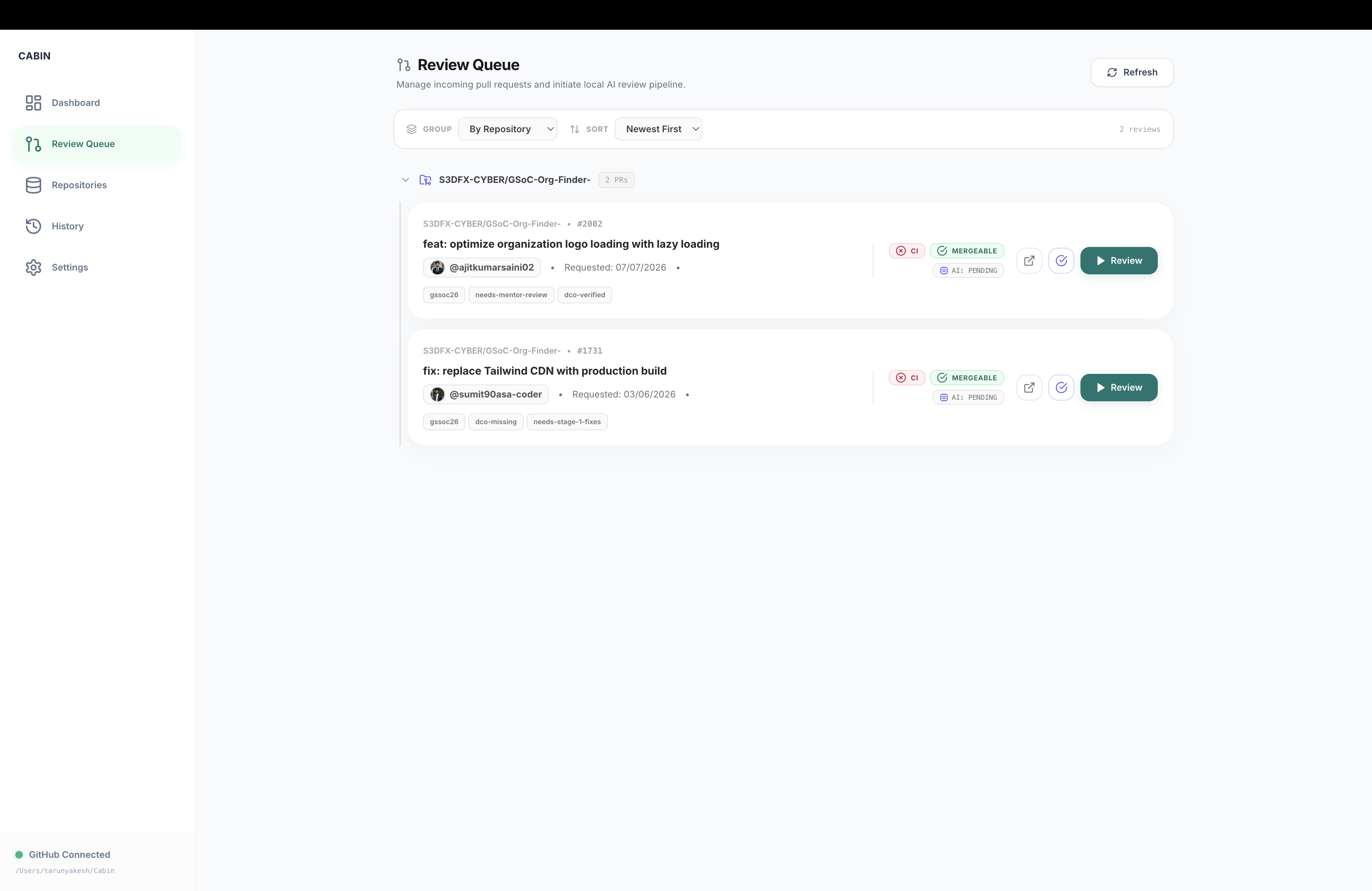 Cabin Review Queue — assigned PRs with CI, DCO and merge status