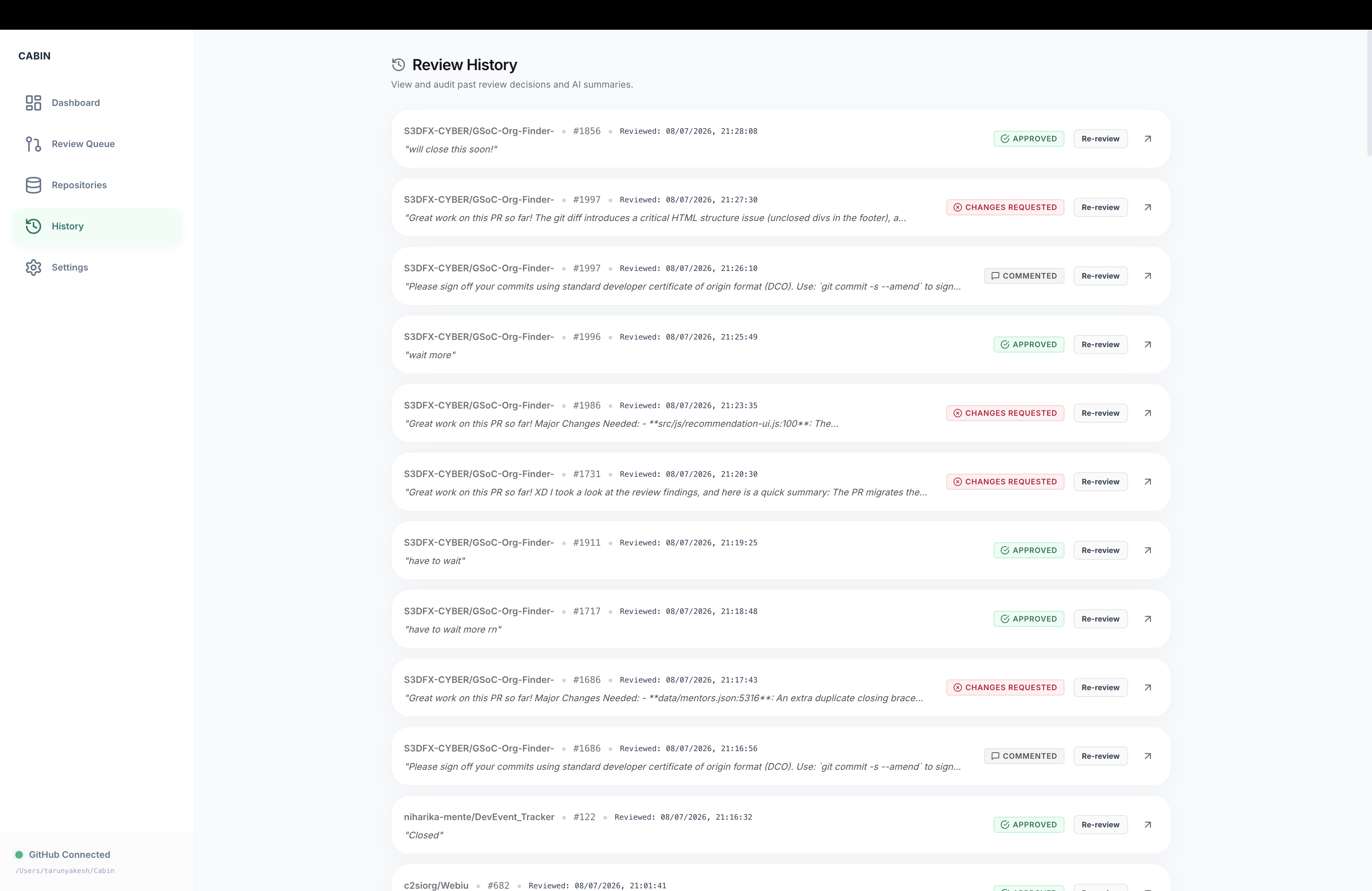 Cabin Review History — SQLite historical record of review decisions
